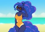 alternate_species anthro beach biped blue_body blue_eyes blue_fur blue_hair breasts clothed clothing collarbone eyebrows eyewear female fingers fur hair looking_at_viewer navel one-piece_swimsuit seaside sky smile smiling_at_viewer solo sunglasses swimwear jellysiek friendship_is_magic hasbro my_little_pony princess_luna_(mlp) equid equine horse mammal pony 2021 absurd_res digital_media_(artwork) hi_res