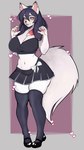 anthro big_breasts black_hair blush bottomwear breasts clothed clothing ear_piercing ear_ring female fur furgonomics hair heart_symbol huge_breasts legwear looking_at_viewer piercing pleated_skirt red_eyes ring_piercing simple_background skirt solo tail tail_through_skirt thigh_highs topwear white_body white_fur miu_leen kiiu_(kiiunae) canid canine mammal 9:16 alternate_version_at_source hi_res