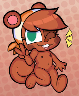 anthro areola blush blush_stickers brown_body brown_fur eyelashes female flat_chested fur genitals gesture hand_gesture long_eyelashes looking_at_viewer nipple_dip nipples nude one_eye_closed pattern_background simple_background smile solo tail v_sign vulva wink young young_anthro young_female significantother murphy_and_mitzi mitzi_(ajmarekart) mammal rodent sciurid tree_squirrel 2026 absurd_res hi_res