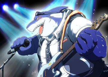 anthro bass_guitar blush clothed clothing electronics eyewear guitar light male microphone musclegut muscular musical_instrument plucked_string_instrument singing solo stage string_instrument sunglasses nolly_(artist) lifewonders tokyo_afterschool_summoners typhon_(tas) aquatic fish shark absurd_res hi_res lighting