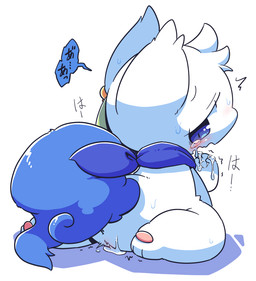ahegao bodily_fluids chibi female fur genital_fluids genitals kemono kneeling looking_pleasured masturbation orgasm orgasm_face semi-anthro simple_background solo tears vaginal_fluids vulva white_background white_body white_fur nettsuu unknown_species