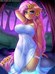 2019 3:4 accessory anthro anthrofied bathing big_breasts blue_eyes blush bracelet breasts clothing crotch_lines curvy_figure detailed_background dress equid equine feathered_wings feathers female flower flower_in_hair fluttershy_(mlp) friendship_is_magic front_view fur hair hair_accessory hand_behind_head hasbro hi_res jewelry legs_in_water looking_at_viewer mammal my_little_pony mythological_creature mythological_equine mythology partially_submerged pegasus pendant pink_hair plant pose solo standing standing_in_water submerged_legs text twistedscarlett60 url water wet wide_hipped_female wide_hips wings yellow_body yellow_fur