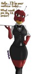 anthro anthrofied bow_tie female serving_tray simple_background solo text waitress_uniform novaarts cult_of_the_lamb massive_monster_(studio) heket_(cult_of_the_lamb) amphibian amphibian_humanoid animal_humanoid frog frog_humanoid humanoid 9:16 digital_drawing_(artwork) digital_media_(artwork) english_text hi_res