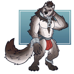4_toes 5_fingers anthro barefoot biped black_body black_ears black_fur black_nose bottomwear brown_body brown_fur bulge chain clothed clothing collar cuff_(restraint) cuffs_(clothing) digitigrade eye_scar facial_scar fangs feet fingers fur furry-specific_brand hand_behind_head heterochromia jockstrap jockstrap_only looking_at_viewer male metal_collar metal_cuffs multicolored_body muscular muscular_anthro muscular_male navel pecs red_eyes restraints scar shackles simple_background slave solo standing teeth text text_on_clothing text_on_underwear toes topless underwear underwear_only white_body white_eyes white_fur picantetortuga mythology darius_(picantetortuga) canid canine canis mammal mythological_canine mythological_creature werecanid werecanine werecreature werewolf wolf 1:1 absurd_res hi_res