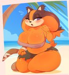 4_fingers anthro beach big_breasts blush boomerang breasts cleavage clothed clothing female fingers hair holding_object looking_at_viewer multicolored_hair nipple_outline one_eye_closed open_mouth outside palm_tree plant seaside solo thick_thighs tree two_tone_hair cracker_(artist) sega sonic_boom sonic_the_hedgehog_(series) sticks_the_jungle_badger badger mammal mustelid musteline 2022 digital_media_(artwork) hi_res