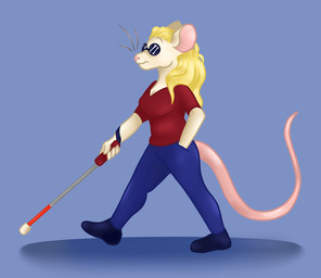 anthro blind blind_cane blonde_hair disability eyewear female fur hair long_tail solo sunglasses tail walking_stick white_body white_fur neatotito vex_(ferretfyre) mammal murid murine rat rodent hi_res