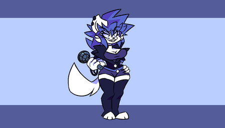 3_toes absolute_territory anthro big_breasts black_clothing black_legwear black_thigh_highs blue_background blue_hair bottomwear breasts claws cleavage clothed clothing ear_piercing ear_ring electronics fangs feet female fur grin hair hand_on_hip holding_microphone holding_object hotpants legwear medium_hair messy_hair microphone piercing pupils ring_piercing shorts simple_background skindentation small_pupils smile solo spiky_hair style_emulation teeth thigh_highs toeless_thigh_highs toes white_body white_fur cryptiacurves friday_night_funkin' roxy_(cryptiacurves) domestic_cat felid feline felis mammal digital_drawing_(artwork) digital_media_(artwork) full-length_portrait portrait