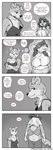 anthro big_breasts biped bottomwear bra breasts closed_smile clothed clothing crossdressing crossed_arms dialogue dress duo eyebrows female floppy_ears hair humor larger_female long_hair looking_at_another male midriff mouth_closed navel open_mouth oversized_clothing pants shirt simple_background size_difference smaller_male smile speech_bubble standing text thought_bubble tight_clothing tight_shirt tight_topwear tongue topwear underwear canisfidelis humphrey_(canisfidelis) seashell_(canisfidelis) canid canine canis domestic_dog herding_dog mammal pastoral_dog welsh_corgi 2024 absurd_res comic english_text hi_res monochrome