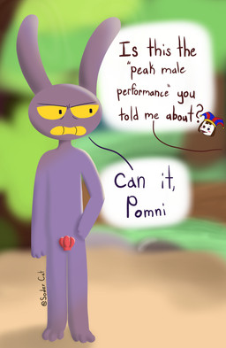 annoyed anthro blonde_hair blush brown_hair clothing convenient_censorship disembodied_head hair hat headgear headwear male nude plant purple_body rock sand seashell shell solo standing teasing text tree white_body white_skin soder_cat glitch_productions the_amazing_digital_circus jax_(tadc) pomni_(tadc) lagomorph leporid mammal rabbit absurd_res digital_media_(artwork) english_text hi_res
