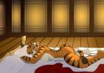 anthro bed breasts butt female furniture looking_at_viewer muscular muscular_anthro muscular_female nude one_eye_closed side_boob smile solo stripes astraldog dreamworks kung_fu_panda master_tigress felid mammal pantherine tiger