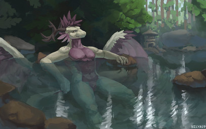 5_fingers anthro detailed_background feathers fingers forest looking_at_viewer male nude plant purple_body purple_scales realistic scales side_view sitting sitting_in_water solo tree water white_body white_scales yellow_eyes hilyasp mythology dragon mythological_creature mythological_scalie scalie absurd_res detailed hi_res