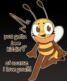 4_fingers antennae_(anatomy) anthro arthropod_abdomen big_eyes blush brown_body brown_eyes dialogue emanata eyebrows eyelashes featureless_crotch featureless_feet feet female fingers flash_emanata flat_chested front_view halftone_background happy humor i_love_you insect_wings looking_at_viewer multicolored_body no_pupils nude open_mouth open_smile outline pattern_background pun ruff simple_background smile solo stinger striped_body stripes talking_to_viewer text toony two_tone_body walking white_outline wings yellow_body lizardfungus cc-by-nc-nd creative_commons frieda_(knaxly) arthropod bee hymenopteran insect 2025 aliasing binary_drawing cel_shading digital_drawing_(artwork) digital_media_(artwork) english_text full-length_portrait halftone portrait shaded