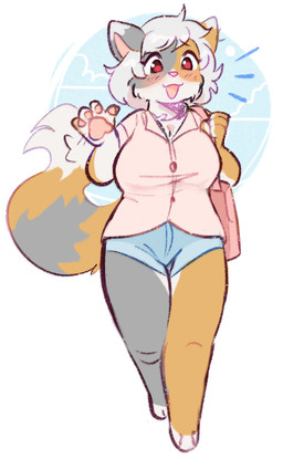 4_fingers anthro blush clothed clothed_anthro clothed_female clothing dipstick_ears dipstick_tail ear_markings female fingers fully_clothed fully_clothed_anthro fully_clothed_female fur gesture grey_body grey_fur hair handpaw markings multicolored_ears open_mouth open_smile orange_body orange_fur pawpads paws pink_pawpads red_eyes smile solo tail tail_markings waving waving_at_viewer white_body white_fur white_hair pawberry arcanis_(hahaluckyme) calico_cat domestic_cat felid feline felis mammal digital_drawing_(artwork) digital_media_(artwork) hi_res