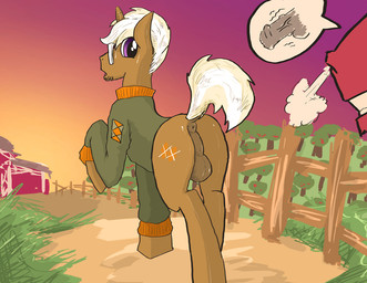 anus backsack balls bottomless brown_body brown_fur clothed clothing cutie_mark duo equine_anus eyewear facial_hair feral fur genitals glasses hair horn looking_back male male/male outside penis puffy_anus purple_eyes rear_view solo_focus sunset sweater topwear white_hair the-wag friendship_is_magic hasbro my_little_pony mythology trenderhoof_(mlp) equid equine mammal mythological_creature mythological_equine unicorn