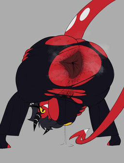 anal_hair anus anus_focus bent_over big_anus big_butt bodily_fluids bottomwear butt butt_grab butt_squish clothing dark_anus dripping female genital_fluids genitals hand_on_butt horn looking_at_viewer looking_through looking_through_legs markings musk pointed_tail presenting presenting_anus pubes red_body red_skin simple_background smell smile solo spots spotted_markings spotted_tail spread_anus spread_butt spread_legs spreading squish striped_horn stripes sweat sweaty_butt tail tail_markings torn_bottomwear torn_clothing vaginal_fluid_drip vaginal_fluids vulva yellow_eyes loogistall hellaverse helluva_boss millie_(helluva_boss) demon demon_humanoid horned_humanoid humanoid imp tailed_humanoid hi_res