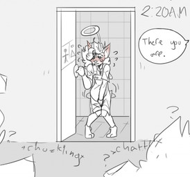 ambiguous_gender anthro bathroom bladder_bulge blush blush_lines bodily_fluids clothing costume cross cross_necklace dialogue genital_fluids group halo hand_on_crotch humiliation jewelry knock-kneed leaking_urine necklace offscreen_character omorashi overalls solo_focus speech_bubble text time urine paddle-boat angel_(paddle-boat) deer mammal digital_drawing_(artwork) digital_media_(artwork) english_description english_text restricted_palette male_(lore)