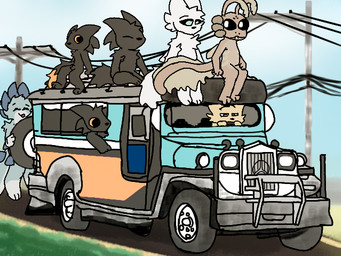 3_toes antennae_(anatomy) anthro big_ears biped black_body black_eyes black_fur black_nose black_sclera blue_body blue_scales brown_body brown_fur bus commercial_vehicle driving escape eyes_closed feet fluffy fur grass green_body green_fur group happy headlight holding_vehicle jeepney large_group looking_at_another looking_at_viewer looking_out_window male narrowed_eyes on_vehicle orange_eyes orange_sclera outside philippines plant power_lines road road_trip scales sitting sitting_on_vehicle tire toes vehicle wheel white_body white_eyes white_fur white_sclera worried arcticolthetwinfox casualties:_unknown gunsaw mercedes-benz arctic_fox arthropod canid canine canis dune_(gunsawian) expie_(gunsawian) fox gunsawian hybrid insect mammal milky_(gunsawian) murid murine orange_(gunsawian) rat rodent roza_(gunsawian) true_fox wolf 2026 colored digital_drawing_(artwork) digital_media_(artwork) microsoft_paint_(artwork)