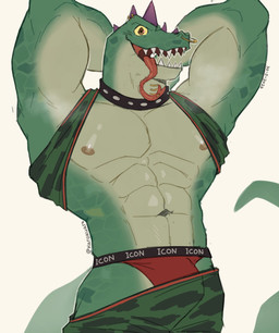 abs anthro basketball_uniform bottomwear bottomwear_down brown_eyes clothed clothing collar colored_nails facial_piercing green_body green_bottomwear green_clothing green_scales green_shirt green_shorts green_topwear hands_behind_head head_spikes lip_piercing male muscular muscular_anthro muscular_male nails neck_piercing nipples nose_piercing nose_ring partially_clothed pecs piercing purple_spikes raised_arms raised_clothing raised_shirt raised_topwear red_clothing red_underwear ring_piercing scales septum_piercing septum_ring shirt shirt_behind_head shorts shorts_down solo spikes spikes_(anatomy) sportswear studded_collar studs tail teeth text text_on_clothing text_on_underwear tongue tongue_out tongue_piercing topwear underwear uniform yellow_sclera karokuart goat_(movie) sony_corporation sony_pictures modo_olachenko komodo_dragon lizard monitor_lizard reptile scalie 2026 digital_media_(artwork) hi_res