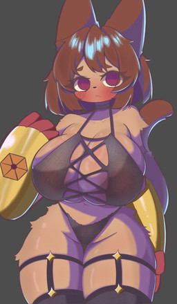 anthro big_breasts blush breasts female flustered solo hyperpatato gameoverse glitch_productions kit_bodega domestic_cat felid feline felis mammal hi_res tagme
