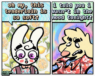 aloha_shirt annoyed anthro bow_tie cheek_spots clothing dialogue duo floppy_ears fur half-closed_eyes humor male narrowed_eyes overalls pattern_clothing pattern_shirt pattern_topwear shirt speech_bubble teeth text tooth_gap topwear white_body white_fur wide_eyed yellow_body yellow_fur rawdawgcomics bingus_(rawdawgcomics) stahli_(rawdawgcomics) bird_dog canid canine canis domestic_dog golden_retriever hunting_dog lagomorph leporid mammal rabbit retriever 5:4 comic english_text