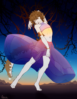 anthro belly bracelet clothed clothing crop_top dancing dress femboy gold_(metal) gold_bracelet gold_jewelry hair jewelry looking_at_viewer male mane mountain navel night partially_clothed shirt slim smile smiling_at_viewer tail topwear white_body white_skin wood yellow_eyes ashrin_(artist) elootam reptile scalie snake hi_res