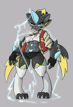 3_toes anthro arm_tuft athletic athletic_anthro athletic_female athletic_wear band-aid bandage black_body black_fur blue_body blue_eyes blue_fur bottomwear breasts cheek_tuft claws clothed clothing electricity facial_tuft fangs feet female fingers fur grey_background grey_body grey_fur gym_bottomwear gym_shorts hair jacket leggings legwear letter letterman_jacket lightning lightning_whiskers looking_at_viewer midriff multicolored_body multicolored_fur muscular muscular_female narrowed_eyes open_mouth open_smile shirt short_hair shorts simple_background smile solo standing teeth thick_thighs toes tongue topwear tuft under_boob white_clothing white_leggings white_legwear white_shirt white_topwear wraps yellow_body yellow_fur snoutless nintendo pokemon pokemon_legends_z-a felid generation_9_pokemon legendary_pokemon mammal mega_evolution mega_zeraora pokemon_(species) 2025 absurd_res digital_drawing_(artwork) digital_media_(artwork) hi_res