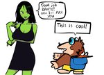 anthro backpack black_hair bottomwear breasts clothed clothing dialogue dress duo female green_body green_skin hair humor imminent_sex magic_user male profanity shitpost shorts simple_background standing text white_background witch ookiyo banjo-kazooie rareware banjo_(banjo-kazooie) gruntilda_winkybunion kazooie avian bear bird breegull human humanoid mammal 2020 digital_drawing_(artwork) digital_media_(artwork) english_text hi_res meme