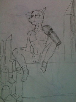 amputee anthro blank_stare bottomwear chest_tuft city cityscape clothed clothing cybernetics disability footwear fur legwear machine male prosthetic rooftop shorts socks solo topless tuft dubious cyborg 3:4 graphite_(artwork) hi_res monochrome sketch traditional_media_(artwork) unfinished