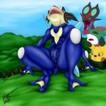 anthro bodily_fluids female genital_fluids happy pose greey nintendo pokemon ash-greninja generation_1_pokemon generation_6_pokemon greninja hawlucha noivern pikachu pokemon_(species) 1:1 2019 absurd_res digital_drawing_(artwork) digital_media_(artwork) hi_res