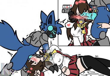 4_fingers accessory animal_genitalia animal_penis anthro anthro_dominating_human anthro_penetrating anthro_penetrating_female anthro_penetrating_human arm_around_leg between_legs big_breasts blue_body blue_eyes blue_fur blue_hair blue_penis blush bodily_fluids bottomless bottomless_anthro bottomless_male bottomwear breasts brown_eyes brown_hair canine_genitalia canine_penis clothed clothed_female clothed_human clothing cum cum_between_breasts cum_between_legs cum_in_mouth cum_inside cum_on_chest cum_on_clothing cum_on_penis cum_strand cybernetics dominant dominant_anthro dominant_male duo face_mounting female female_human female_penetrated fingers flower flower_in_hair fluffy fluffy_tail fur genital_fluids genitals gesture hair hair_accessory hand_gesture head_grab heart_eyes heart_symbol holding_down human_on_anthro human_penetrated interspecies knot legwear light_body light_skin machine male male/female male_anthro male_penetrating male_penetrating_female male_penetrating_human neck_grab nipple_outline oral penetration penis penis_in_mouth penis_on_face pinned pinned_to_ground plant screen screen_face sex simple_background skirt south_pole_position speech_bubble stockings submissive submissive_female submissive_human tail v_sign xenophilia tony07734123 kantai_collection yamato_(kancolle) alien cyborg human mammal protogen 2025 colored hi_res