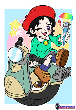 brush clothed clothing female hat headgear headwear not_furry paint paintbrush simple_background smile solo vehicle young eggbot15 kirby_(series) kirby_air_riders nintendo adeleine_(kirby) human mammal wheelie_scooter_(kirby) absurd_res digital_media_(artwork) hi_res