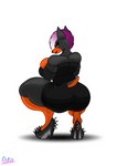 anthro big_breasts big_butt breasts butt clothing crouching female footwear hair high_heels looking_at_viewer purple_hair shoes solo thick_thighs tight_clothing topwear wide_hips sukoi_(artist) elizabeth_konig canid canine canis dobermann domestic_dog mammal pinscher 2019 hi_res traditional_media_(artwork)