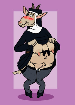 2_horns accessory anthro areola bashful belly big_breasts big_butt big_nipples biped black_clothing black_dress blush blush_lines breasts butt clothed clothing clothing_lift digitigrade dress dress_lift elderly elderly_anthro elderly_female erect_nipples female flashing flashing_pussy fripping garter garter_straps genitals habit headgear headwear horn huge_hips huge_thighs humanoid_genitalia legwear lingerie looking_away navel nipples nun nun_habit nun_outfit overweight overweight_anthro overweight_female plump_labia puffy_areola puffy_nipples religious_clothing shy simple_background smile standing stockings tan_body tan_skin thick_thighs thigh_highs toony vulva wide_hips ducdevinny mildred_lee_(grannybase) bovid caprine goat mammal 2026 colored digital_drawing_(artwork) digital_media_(artwork) shaded