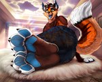 4_toes anthro claws clothing feet fluffy fluffy_tail foot_focus looking_back male open_mouth open_smile pawpads smile soles solo tail toe_claws toes tongue tongue_out yaoifairy archie_(thearchiefox) canid canine fox mammal hi_res