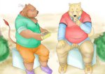 anthro blush bottomwear brown_body brown_fur clothing duo eating eyes_closed food fur humanoid_hands kemono male overweight overweight_male pants shirt shorts sitting topwear kuma_(pixiv_881259) kumadasi canid canine canis domestic_dog mammal suid suine sus_(pig) wild_boar 2012