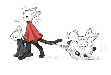 ambiguous_gender anthro biped black_body black_eyes brown_body cloak clothing dot_eyes empty_eyes fur group inner_ear_fluff motion_lines mouth_closed open_mouth open_smile pawpads paws red_cloak red_clothing simple_background simple_eyes smile solid_circle_eyes thread tuft walking white_background white_body white_fur aaasakawa hollow_knight_(franchise) team_cherry broken_vessel_(hollow_knight) hornet_(hollow_knight) canid canine felid feline mammal 2026 hi_res female_(lore) half_sister_(lore) sibling_(lore) sister_(lore)