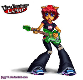 anthro clothing electric_guitar female guitar hair horn musical_instrument playing_guitar playing_music plucked_string_instrument red_hair simple_background smile solo string_instrument white_background jagg17 parappa_the_rapper sony_corporation sony_interactive_entertainment um_jammer_lammy lammy_lamb bovid caprine mammal sheep