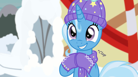 beanie blue_hair boots clapping clothing eyelashes female footwear hair happy hat headgear headwear holidays horn mountain outside purple_eyes scarf shoes smile snow solo star teeth text winter evil-dec0y christmas friendship_is_magic hasbro my_little_pony mythology trixie_(mlp) equid equine mammal mythological_creature mythological_equine unicorn 16:9 2017 animated animated_gif hi_res short_playtime widescreen