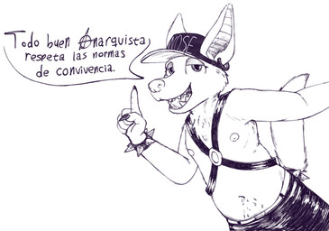 alternative_fashion anarchy_symbol anthro band_merch bottomwear bracelet chest_tuft claws clothed clothing dialogue ear_piercing fangs harness hat headgear headwear jewelry leather leather_bottomwear leather_clothing leather_pants looking_at_viewer male navel nipples open_mouth pants partially_offscreen_character piercing sharp_teeth simple_background smile solo spiked_bracelet spikes tail teeth text tongue tuft white_background white_body ray_karr bat canid canine canis hybrid mammal wolf 2026 black_and_white digital_media_(artwork) hi_res monochrome spanish_text