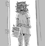 anthro black_hair cereal_box claws clothing ears_up eating eating_food female hair open_door pen_drawing solo topwear smekbo missy_(napalm_express) mammal monster wolficus monochrome sketch