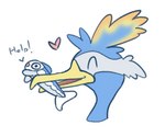 beak blue_body calling_for_help dialogue eyes_closed facial_markings feathered_crest feathers head_crest head_markings heart_symbol markings mask_(marking) text white_markings yellow_markings littlebuizel nintendo pokemon thunk_(gyro) avian cramorant fish generation_7_pokemon generation_8_pokemon marine pokemon_(species) wishiwashi wishiwashi_(solo_form) english_text