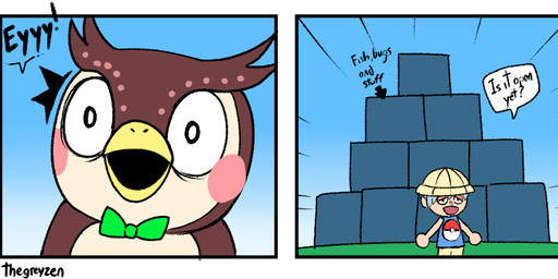 :d :o anthro asking beak black_eyes bow_(feature) bow_tie brown_body brown_feathers close-up clothing cloud dialogue directional_arrow exclamation_point feathers grey_hair hair half-closed_eyes hat headgear headwear information_label male narrowed_eyes open_mouth outside pokeball pokeball_clothing question rosy_cheeks shocked short_hair sky smile speech_bubble standing tan_body tan_feathers tan_skin text two_panel_image wide_arrow yellow_beak yes-no_question thegreyzen animal_crossing nintendo pokemon blathers_(animal_crossing) villager_(animal_crossing) avian bird human mammal owl 2020 comic crossover english_text