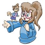 anthro blue_eyes brown_body brown_fur brown_hair duo eyewear female fur glasses hair pink_eyewear pink_glasses ponytail round_glasses simple_background size_difference square_crossover white_background young carelessdoodler alvin_and_the_chipmunks alvin_and_the_chipmunks_(1983) alvin_and_the_chipmunks_(live-action) jeanette_miller chipmunk ground_squirrel human mammal rodent sciurid 1:1 2010 low_res