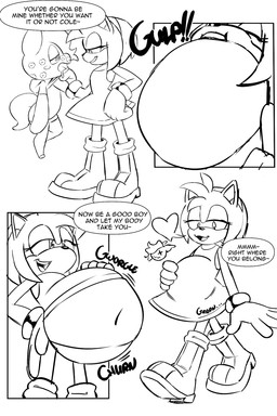abdominal_bulge anthro belly big_belly dialogue digestion duo female female_anthro kiss_mark oral_vore same_size_vore speech_bubble text vore gothmeup sega sonic_the_hedgehog_(series) amy_rose eulipotyphlan hedgehog mammal english_text hi_res monochrome
