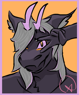 anthro border eye_markings eyebrows fur gesture gold_background grey_eyebrows grey_hair hair hand_gesture highlights_(coloring) horn inner_ear_fluff long_hair looking_at_viewer male markings one_eye_closed one_eye_obstructed pink_border pink_horn pink_sclera pupils purple_body purple_fur smile smiling_at_viewer snout solo tuft v_sign wink winking_at_viewer aurelune mythology lexi_moon_(aurelune) dragon furred_dragon furred_scalie mythological_creature mythological_scalie scalie 5:6 shaded signature simple_shading
