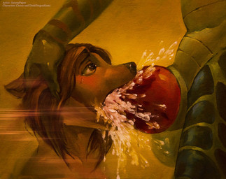 ambiguous_gender anthro anthro_on_anthro anthro_penetrated anthro_penetrating anthro_penetrating_anthro balls big_knot big_penis black_nose bodily_fluids brown_body brown_eyes brown_fur close-up cum cum_in_mouth cum_inside cum_on_penis drinking drinking_cum duo ejaculation excessive_cum excessive_genital_fluids faceless_character faceless_male fellatio fur genital_fluids genitals green_body hair hand_on_head knot knotted_penis male messy nude oral oral_only oral_penetration penetration penile penis penis_in_mouth red_penis sex simple_background wide_eyed satynapaper canid canine canis mammal scalie wolf 2018