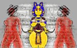 animal_crossing ankha_(animal_crossing) anthro big_butt blue_hair blue_nipples bodily_fluids bottomwear breasts butt canid canine canis clothing collar domestic_cat domestic_dog egyptian faceless_anthro faceless_character faded_effect felid feline felis female female/female fur genitals gold gold_(metal) gold_jewelry group hair hi_res ineffective_clothing jewelry jojispoon88 leash loincloth mammal nintendo nipples nude nude_anthro oiled_body propaganda pubes pubic_fuzz red_body red_clothing red_fur servant sweat thick_thighs trio yellow_body yellow_fur