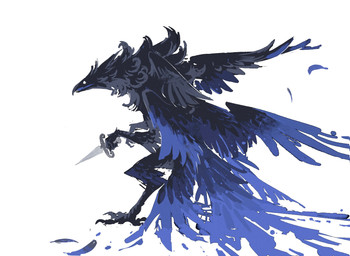 6_wings ambiguous_gender anthro beak biped black_body black_feathers blue_body blue_feathers dot_eyes feathers feet fluffy holding_knife holding_object knife multi_wing nude_ambiguous nude_anthro side_view simple_background simple_eyes solo standing tail tail_feathers talons toes white_background wings shiiorina the_long_quiet_(slay_the_princess) avian bird absurd_res digital_drawing_(artwork) digital_media_(artwork) hi_res