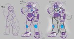 antennae_(anatomy) blue_eyes boots bottomwear clothed clothing fist footwear front_view hair heart_(marking) machine male markings metallic_body pants raised_hand scarf shoes solo sparkles text topless usb_tail felino felibot humanoid robot 2024 absurd_res english_text hi_res sketch spot_color