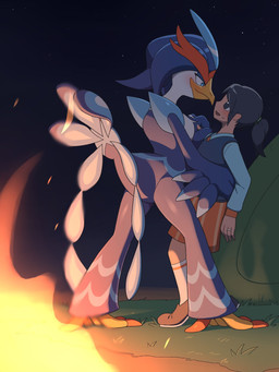 ambiguous_anthro ambiguous_gender ambiguous_human anthro beak biped black_hair blue_body bottomwear camp campfire camping camping_tent clothing cosmic_background digit_ring dim_lighting duo eye_contact footwear hair hug hugging_another interspecies jewelry larger_ambiguous larger_anthro light_blush long_sleeve_shirt looking_at_another medium_hair monotone_hair multicolored_body night ponytail ring romantic shoes shorts side_view size_difference sky slim slim_ambiguous slim_anthro smaller_ambiguous smaller_human socks star starry_background starry_sky straight_hair sweater sweater_vest topwear two_tone_body vest wedding_ring white_body kajinchu nintendo pokemon shizuku_(kajinchu) avian generation_9_pokemon human mammal pokemon_(species) quaquaval 2024 3:4 absurd_res digital_drawing_(artwork) digital_media_(artwork) hi_res shaded soft_shading